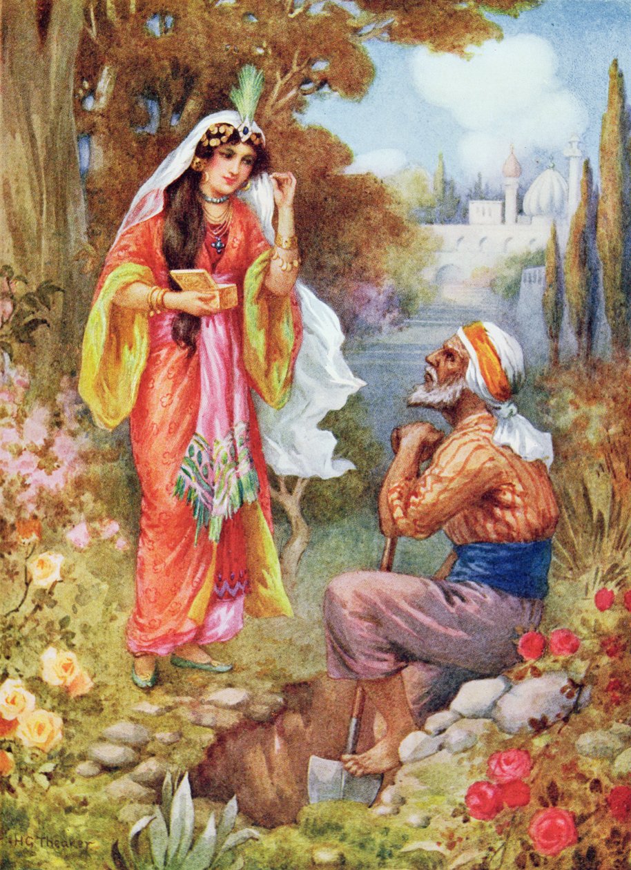 La princesa y las perlas, ilustración de "Cuentos infantiles de Las mil y una noches", por Rose Yeatman Woolf, c.1920 (litografía en color) de Harry George Theaker