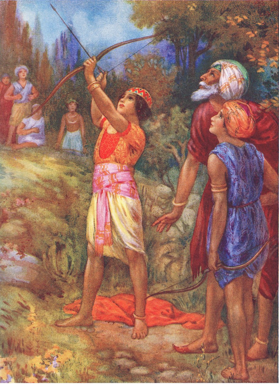 "Entonces grita", gritó el anciano de mala gana. De los hermanos aventureros, ilustración de "Cuentos infantiles de leyendas indias", años 30 (litografía en color). de Harry George Theaker
