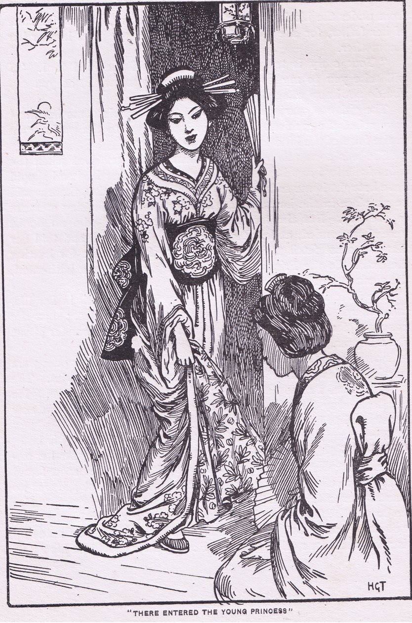 Allí entró la joven princesa (de la princesa que lleva tazón) (litografía) de Harry George Theaker