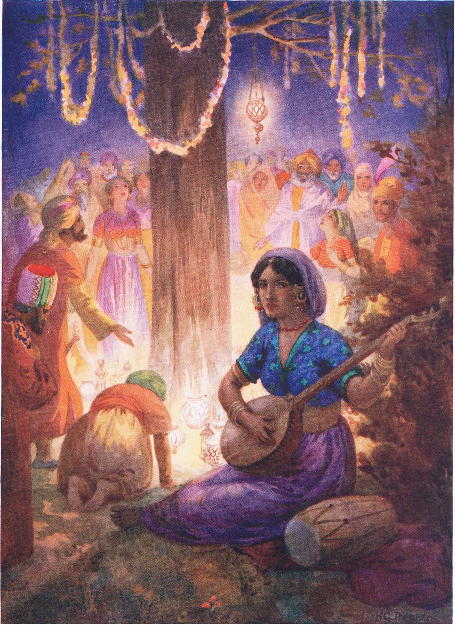 Venían con guirnaldas, lámparas y música. De la Columna de los Reyes, ilustración de "Cuentos infantiles de leyendas indias", años 30 (litografía en color). de Harry George Theaker