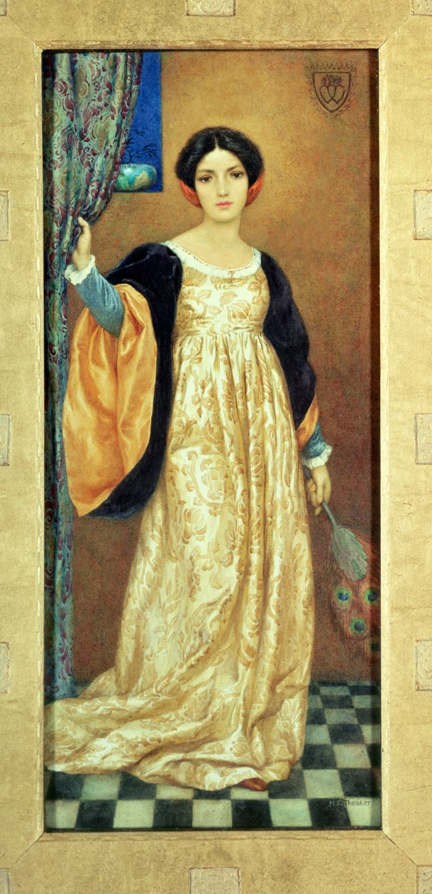 Mujer con abanico de pavo real (acuarela) de Harry George Theaker