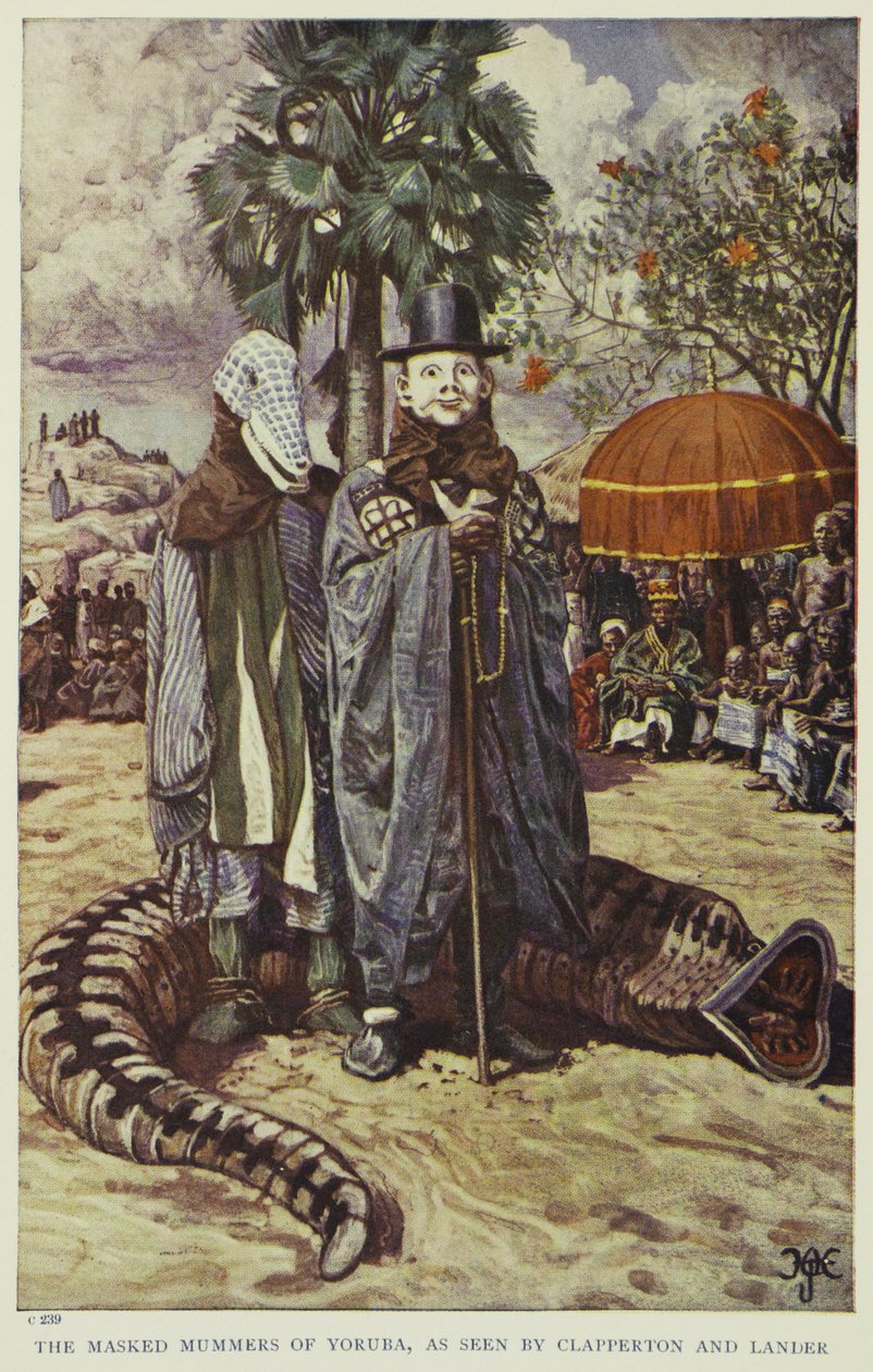 Los enmascarados mummers de Yoruba, según lo visto por Clapperton y Lander, ilustración de "Pioneros de África Occidental", 1912 de Harry Hamilton Johnston