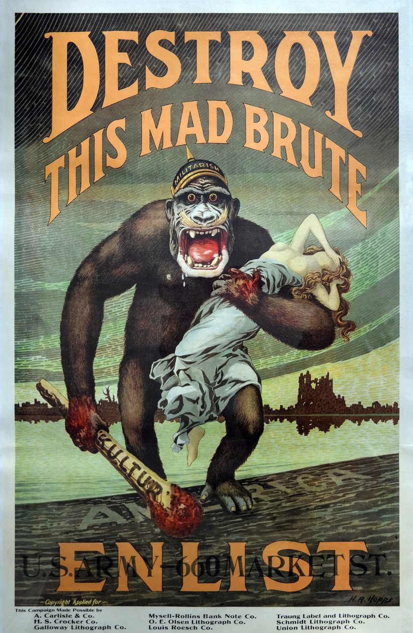 Campaña de Reclutamiento Militar de EE.UU. en la Primera Guerra Mundial "Destruye a este Bruto Loco - Alístate" pub. 1917 de Harry R. Hopps
