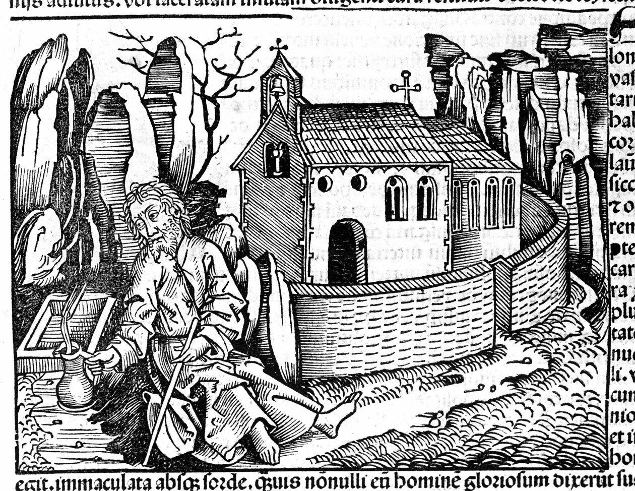 Un peregrino se detiene en un monasterio durante su viaje después de "Crónica de Núremberg" de Hartmann Schedel de Hartmann Schedel