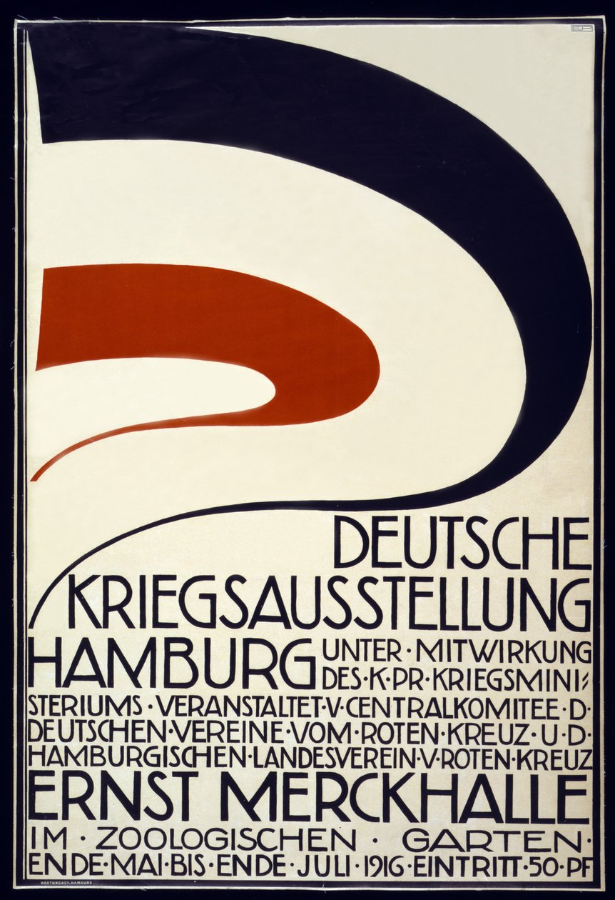 Póster publicitario de una Exposición de Guerra patrocinada por la Cruz Roja, Deutsche Kriegsausstellung, Hamburgo mayo - julio 1916 de Hartung and Co.