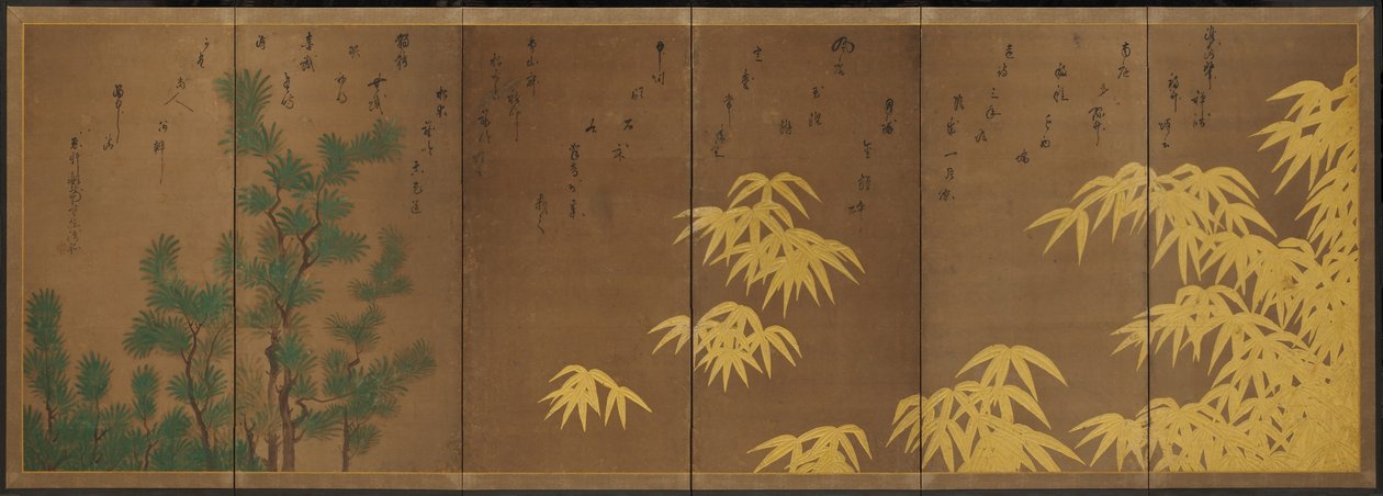 Bambú con tejo chino, c.1605-10 (biombo de seis paneles: tinta, color y oro sobre papel) de Hasagawa & Sodon Tetsuzan (1531 1617) (attr.) Tohaku