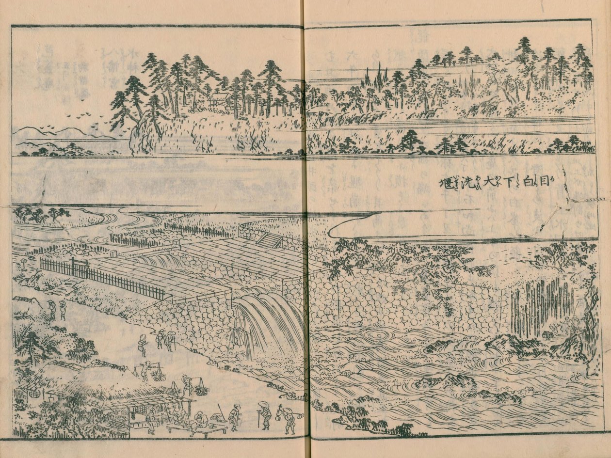 Presa en el río Kanda en Mejiro-shita (Sekiguchi) en Edo Meisho Zue vol. 4 (libro 12) de Hasegawa Settan