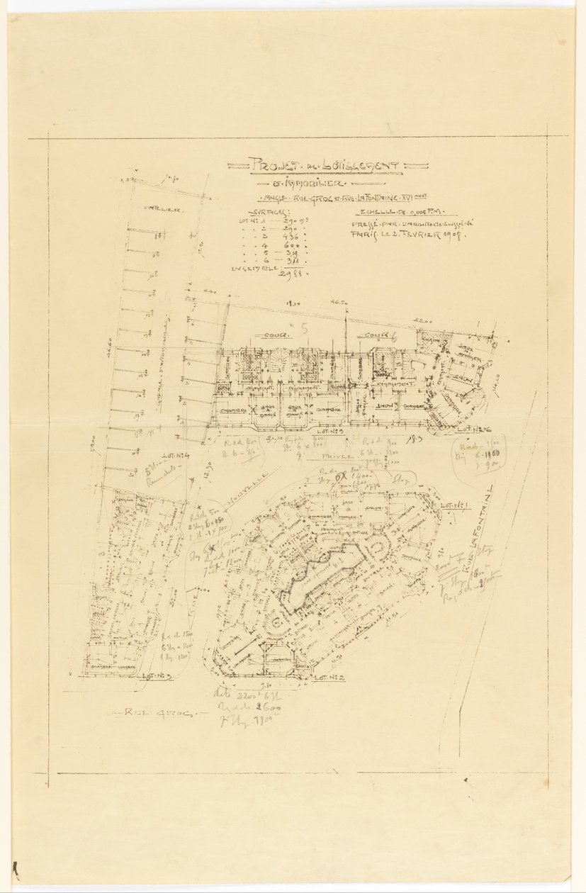 Plano, Proyecto de Lotillement, rue Gros y rue de la Fontaine, París de Hector Guimard