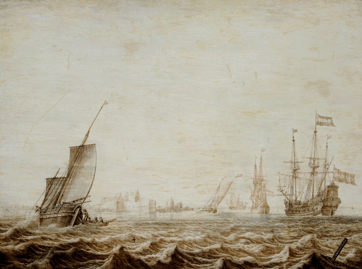 Un Wijdschip arriando velas en un mar agitado, mediados del siglo XVII (óleo sobre tabla) de Heerman Witmont