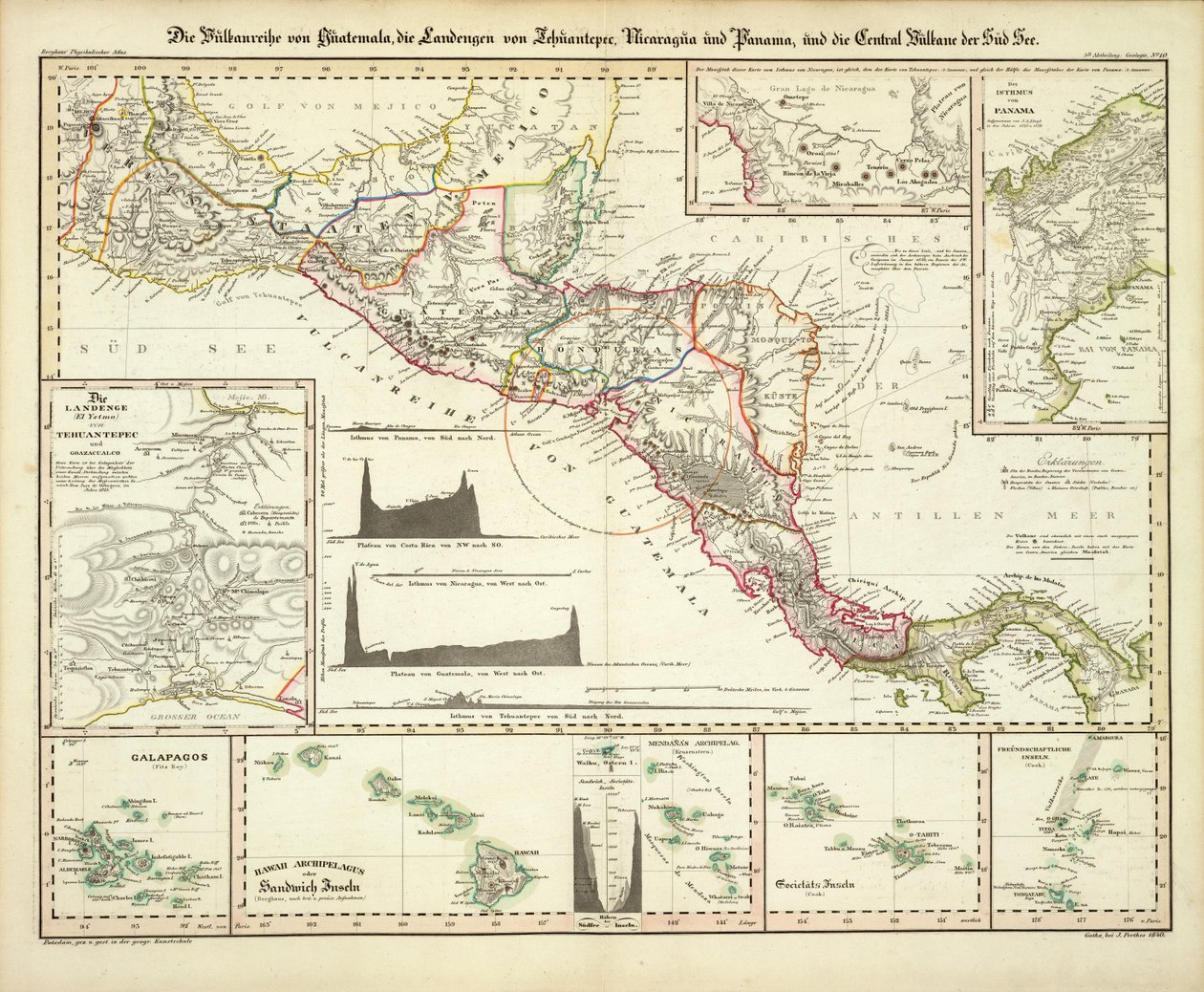 Mapa de América Central, las Galápagos y Hawái de Heinrich Berghaus