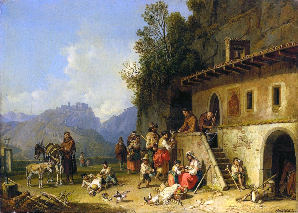 Monjes alimentando a los pobres, Italia, 1864-65 de Heinrich Burkel