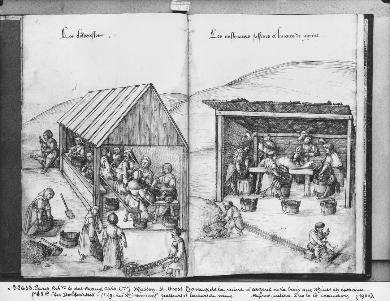 Mina de plata de La Croix-aux-Mines, Lorena, fol.18v y fol.19, clasificación y lavado del mineral, c.1530 de Heinrich Gross or Groff