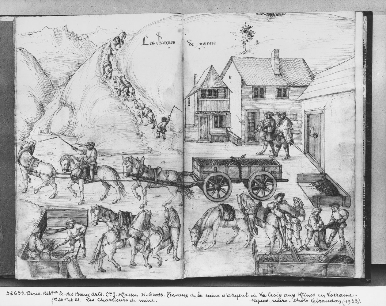 Mina de plata de La Croix-aux-Mines, Lorena, fol.20v y fol.21r, transportando el mineral, c.1530 de Heinrich Gross or Groff