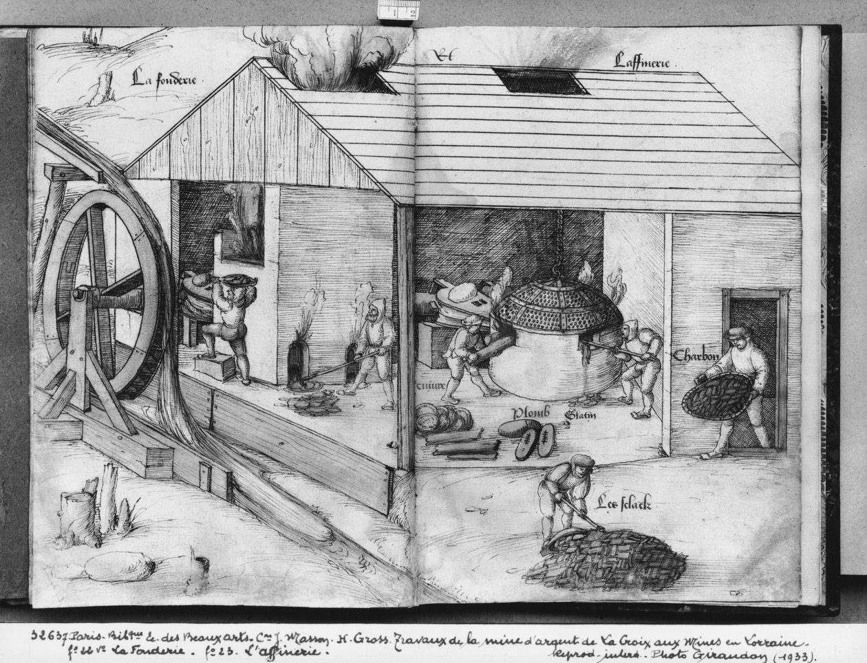 Mina de plata de La Croix-aux-Mines, Lorena, fol.22v y fol.23r, fundición y refinación, c.1530 de Heinrich Gross or Groff
