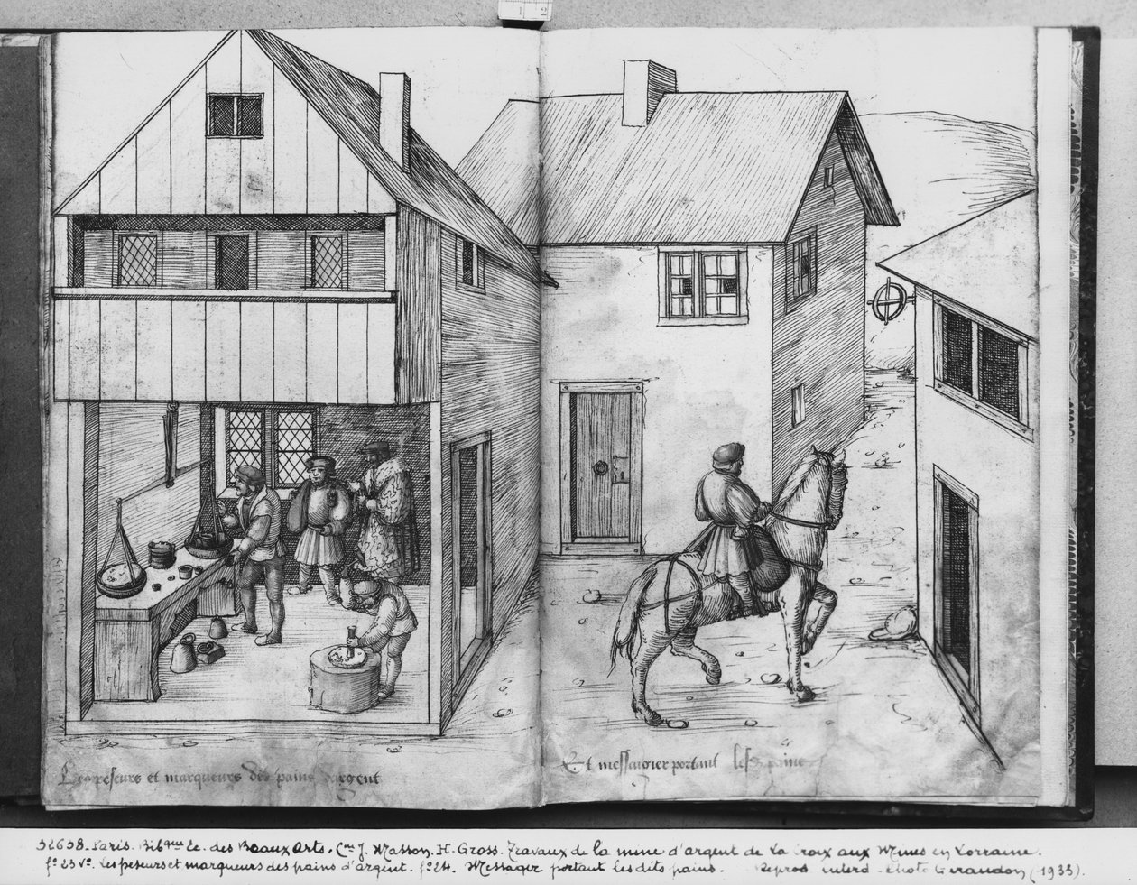 Mina de plata de La Croix-aux-Mines, Lorena, fol.23v y fol.24r, pesando y estampando los lingotes de plata, un mensajero llevando los lingotes, c.1530 de Heinrich Gross or Groff