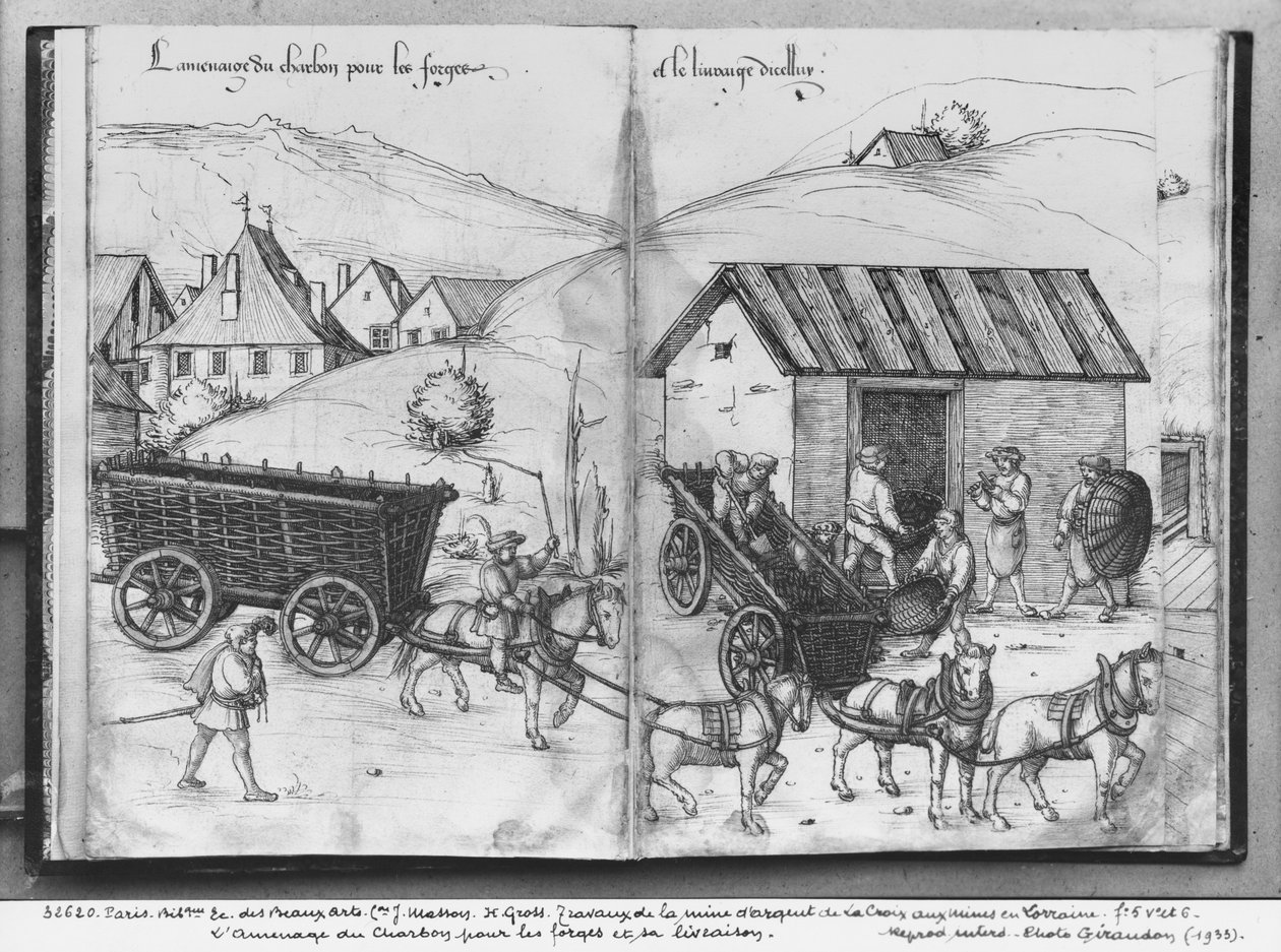 Mina de plata de La Croix-aux-Mines, Lorena, fol.5v y fol.6r, transporte y entrega de carbón para las forjas, c.1530 de Heinrich Gross or Groff