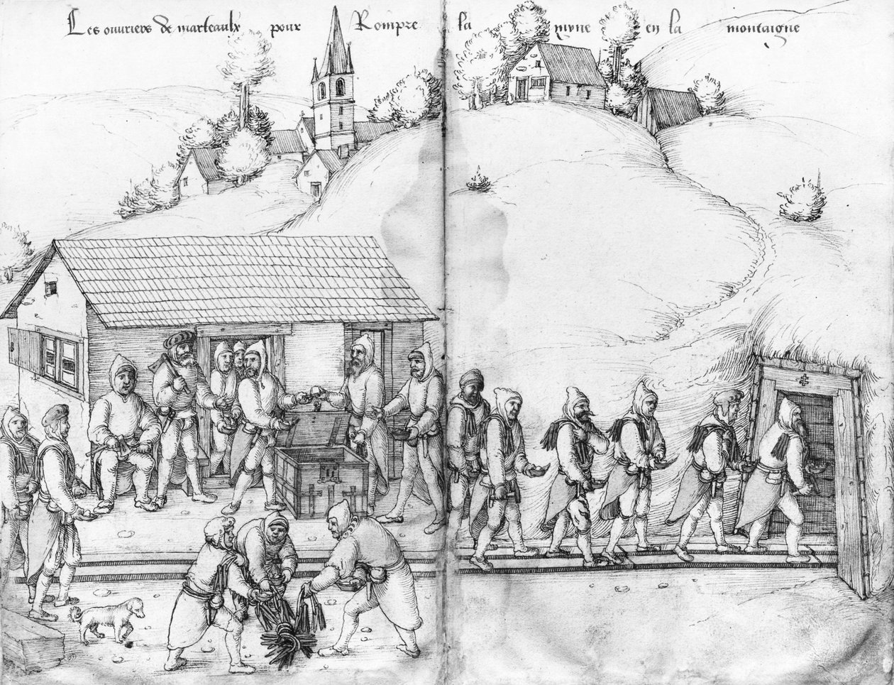 Mina de plata de La Croix-aux-Mines, Lorena, fol.9v y fol.10r, mineros y sus martillos, c.1530 de Heinrich Gross or Groff