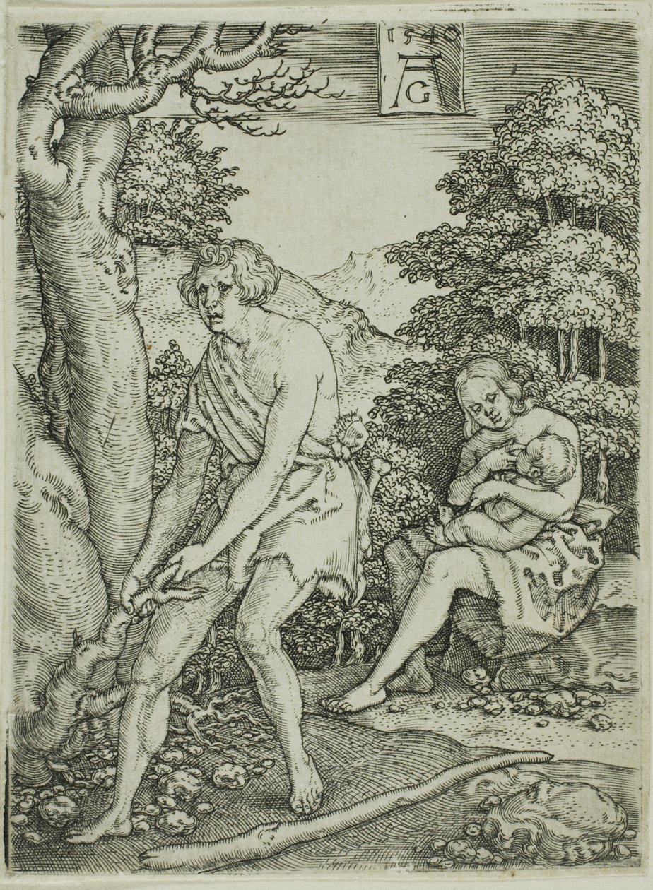 Adán y Eva trabajando, de La historia de Adán y Eva de Heinrich Aldegrever