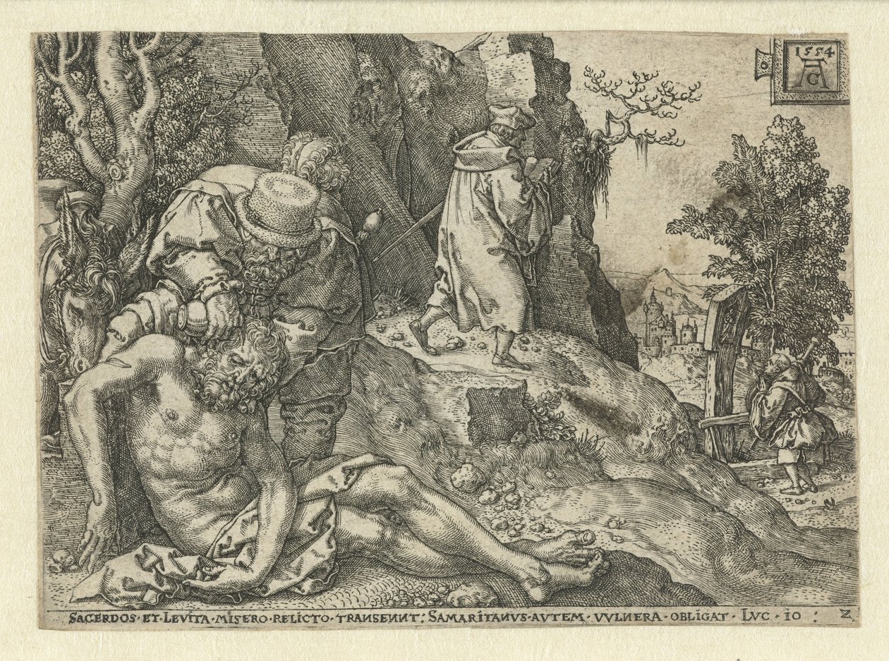 El buen samaritano cuida las heridas Parábola del Buen Samaritano (título de la serie) de Heinrich Aldegrever