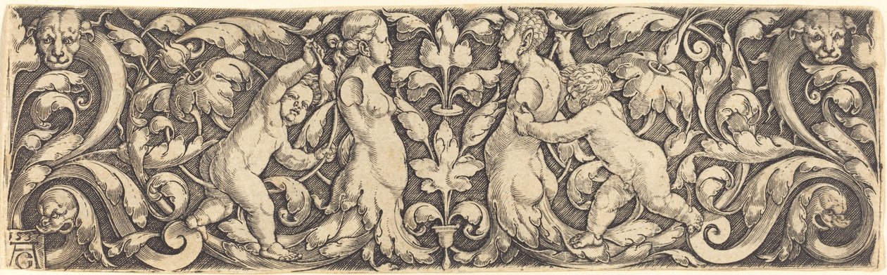 Panel cruzado con vid en el centro y pareja de tritones, 1537 de Heinrich Aldegrever