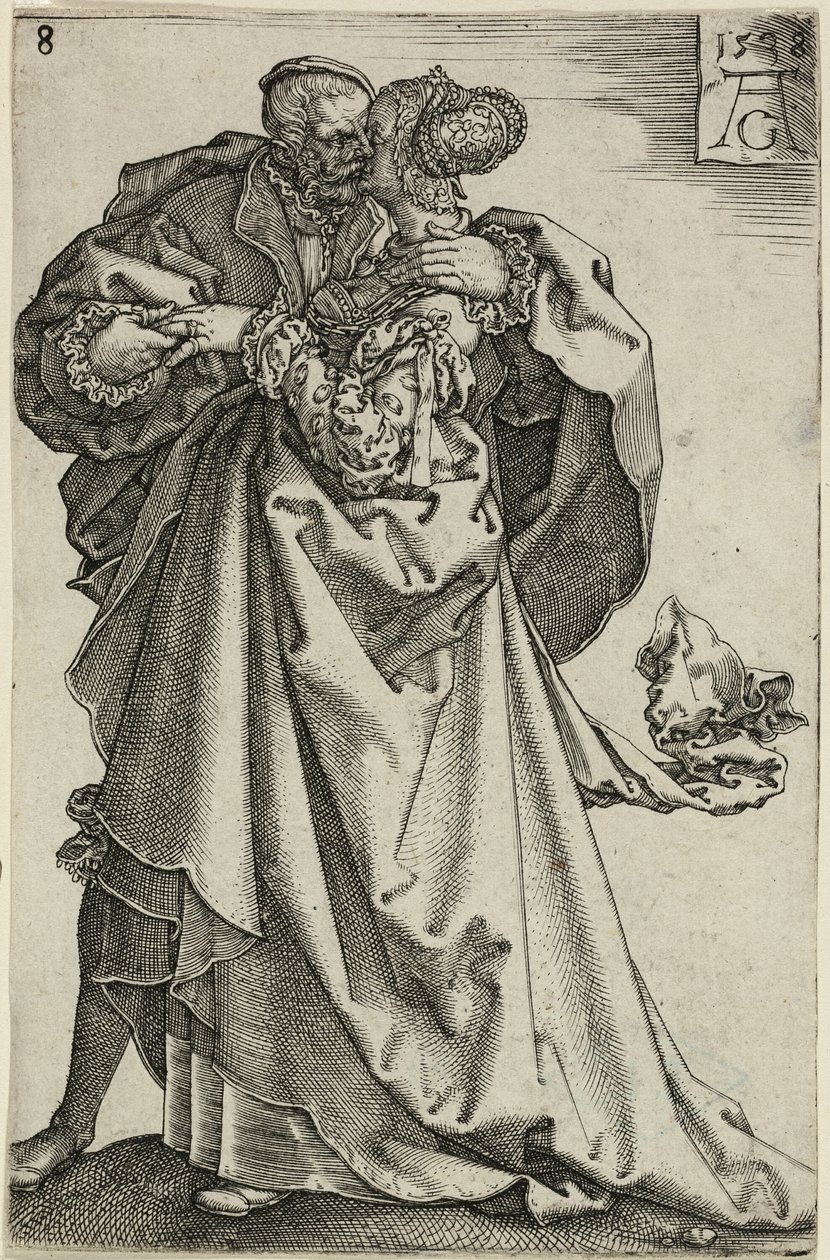 Pareja bailando, lámina ocho de Los grandes bailarines de bodas de Heinrich Aldegrever