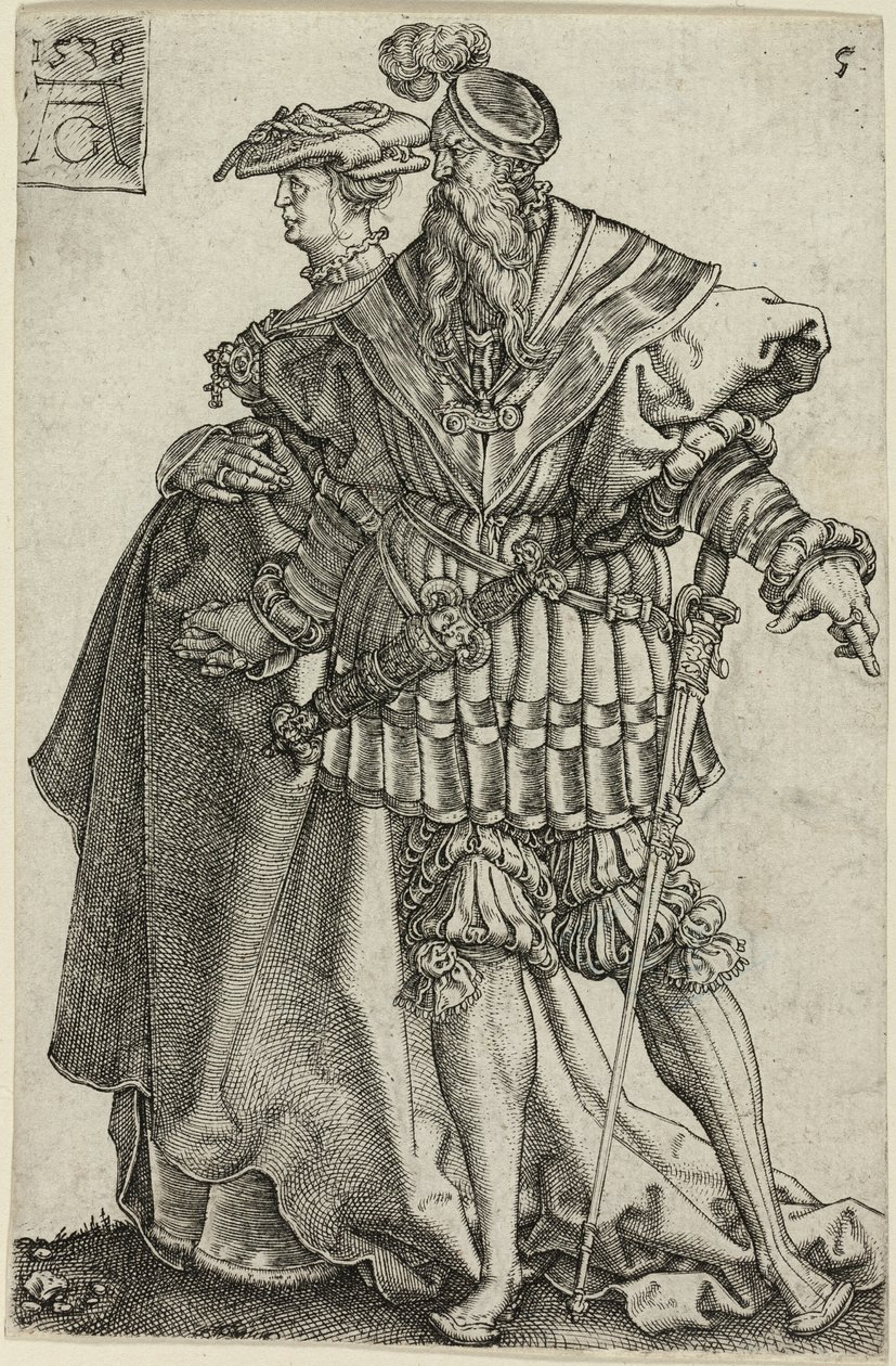 Pareja bailando, placa cinco de Los grandes bailarines de bodas de Heinrich Aldegrever