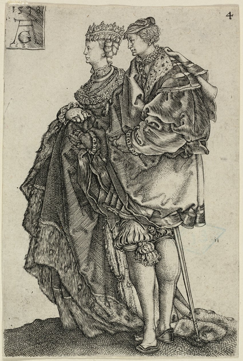 Pareja Bailando, lámina cuatro de Los Grandes Bailarines de Bodas de Heinrich Aldegrever