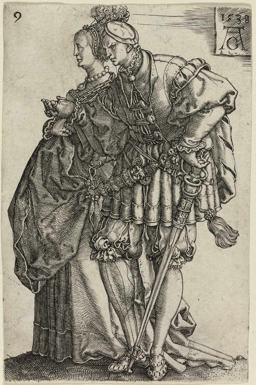 Pareja Bailando, lámina nueve de Los Grandes Bailarines de Boda de Heinrich Aldegrever