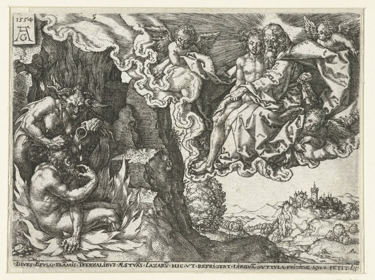 El rico en el infierno ve a Abraham con Lázaro Parábola de Lázaro y el hombre rico (título de la serie) de Heinrich Aldegrever