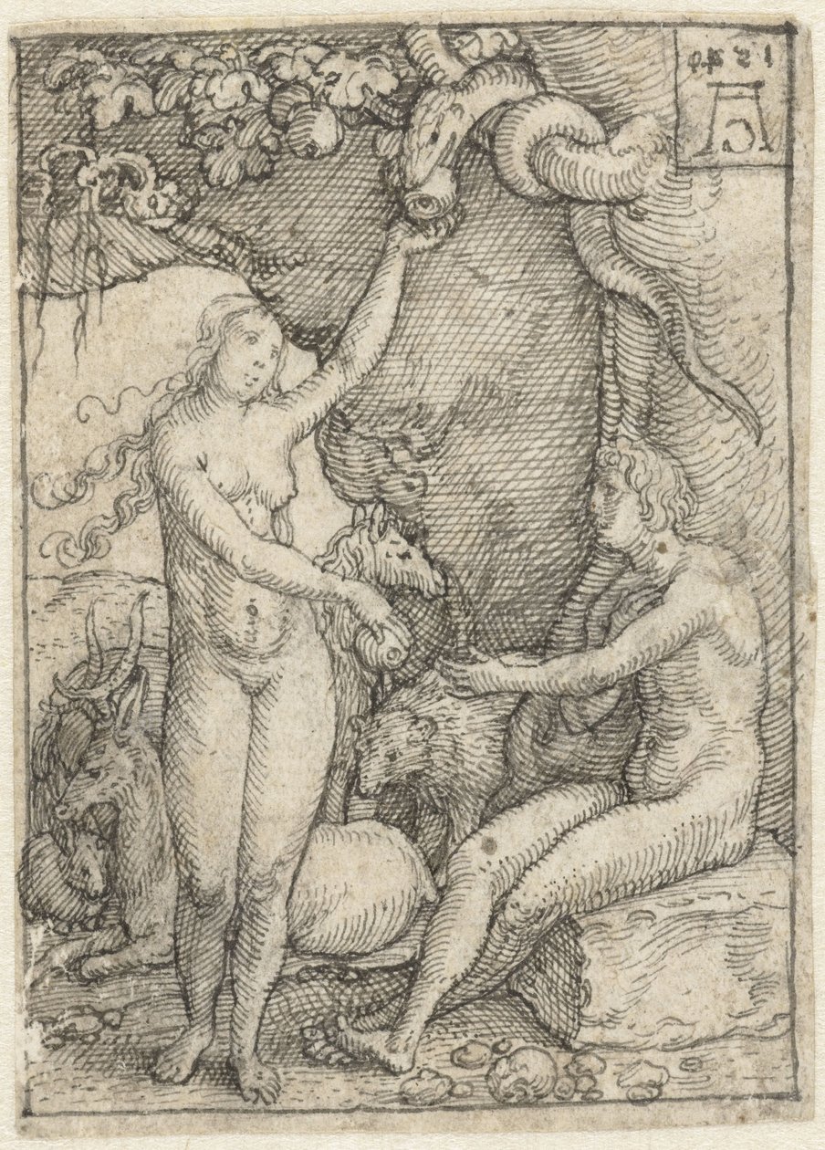 Eva le entrega a Adán la manzana bajo el árbol con la serpiente
Dibujos para la serie de grabados El poder de la muerte (título de la serie) de Heinrich Aldegrever