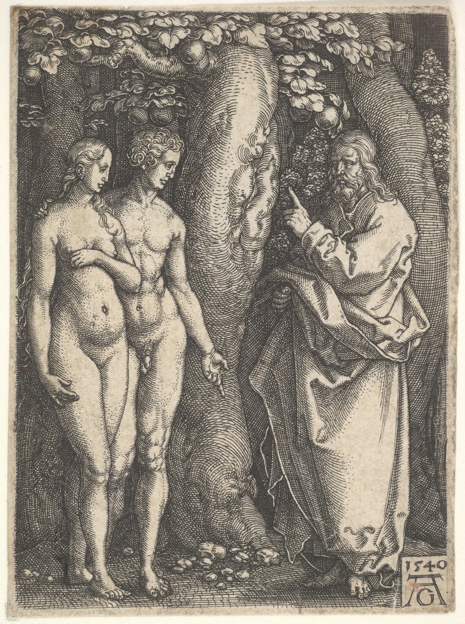 Dios a la derecha prohibiendo a Adán y Eva desnudos a la izquierda comer del árbol del conocimiento, 1540 de Heinrich Aldegrever
