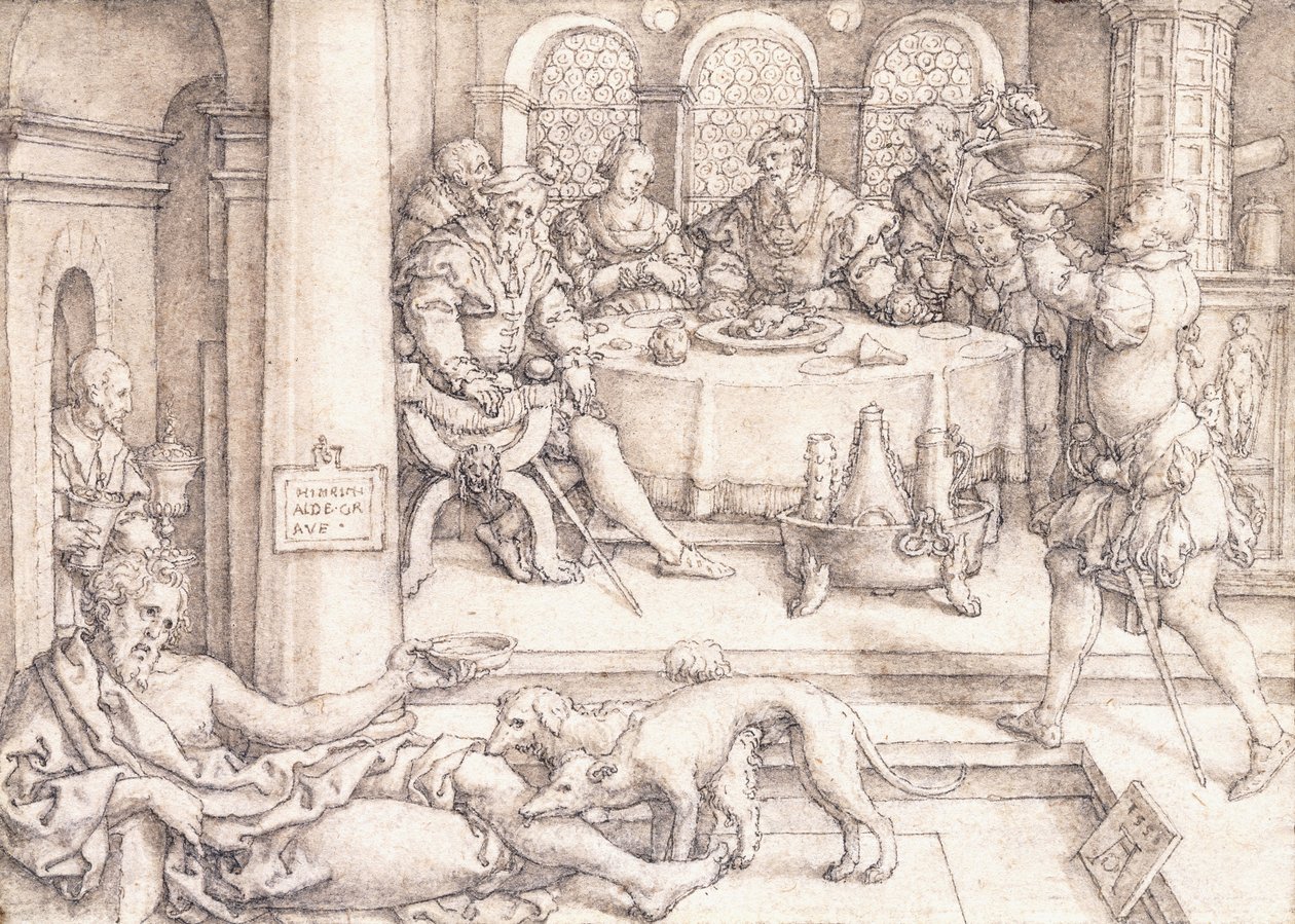Lázaro mendigando migajas de la mesa de Dive, 1552 de Heinrich Aldegrever