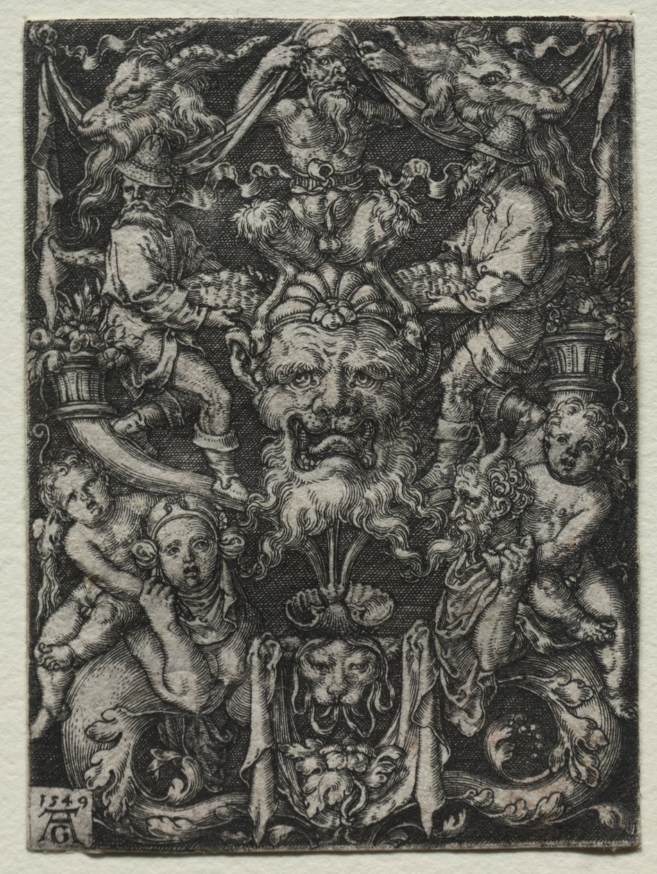 Diseño de ornamento con una máscara, un par de tritones y dos niños abajo de Heinrich Aldegrever