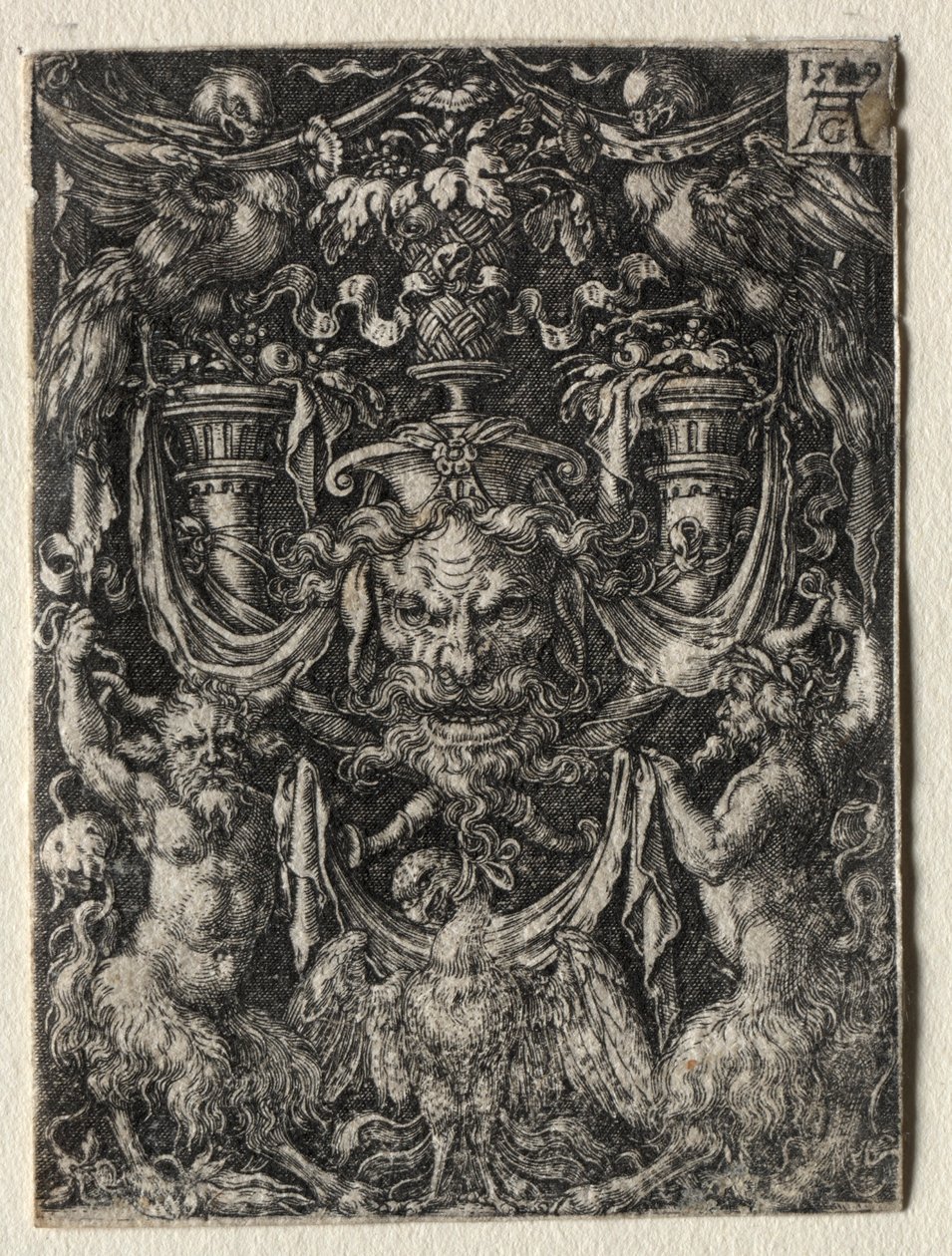 Diseño de ornamento con una máscara y un águila entre dos faunos abajo, 1509 de Heinrich Aldegrever