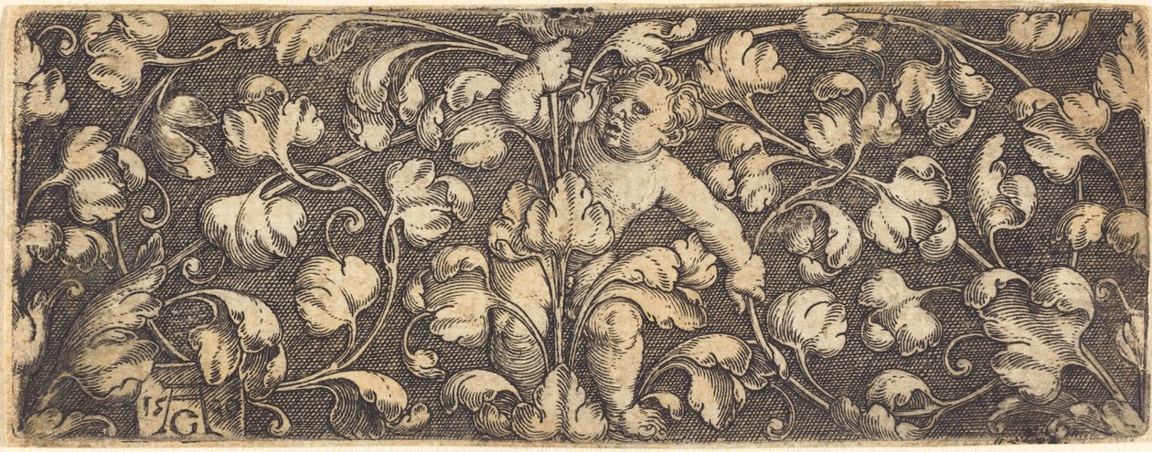 Ornamento con follaje y un niño en el centro, 1539 de Heinrich Aldegrever