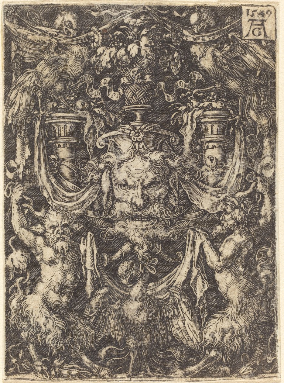 Ornamento con máscara, águila entre sátiros abajo de Heinrich Aldegrever