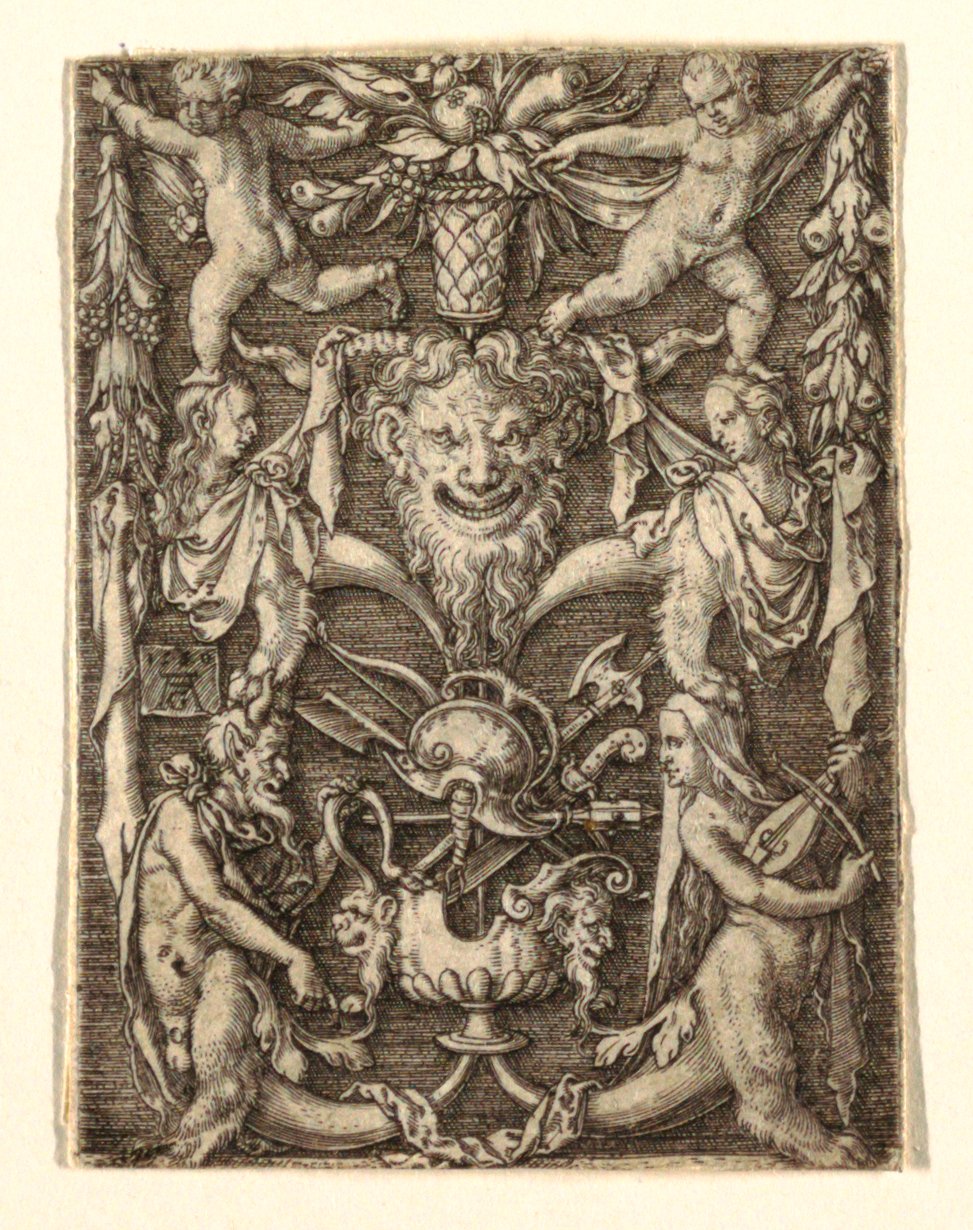Ornamento con Máscara y Figuras Grotescas de Heinrich Aldegrever