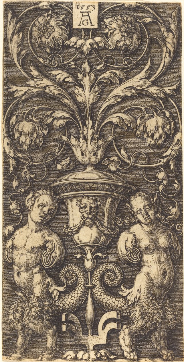 Ornamento con Jarrón y Dos Figuras Femeninas, 1553 de Heinrich Aldegrever