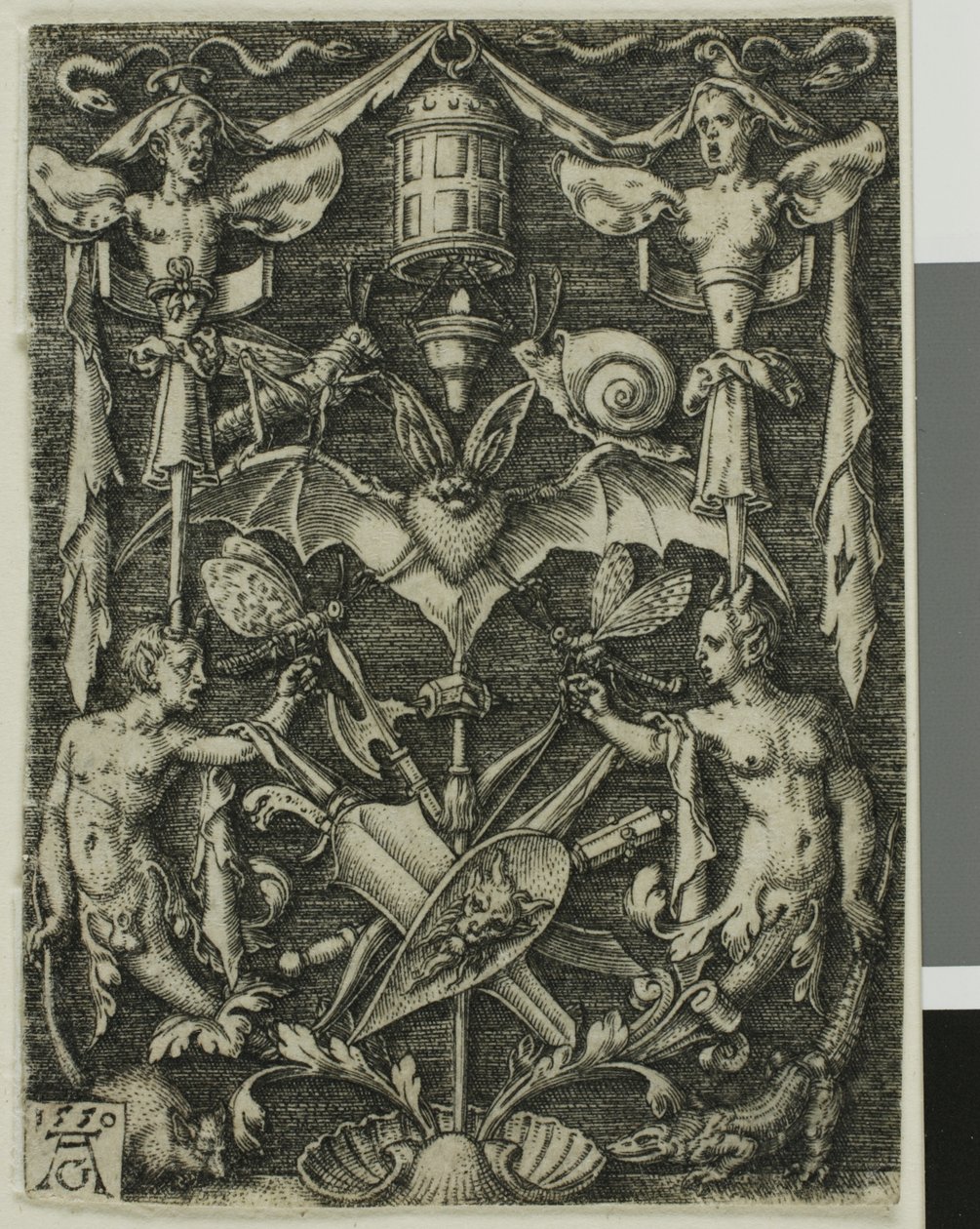 Diseño ornamental con un murciélago en el centro de Heinrich Aldegrever