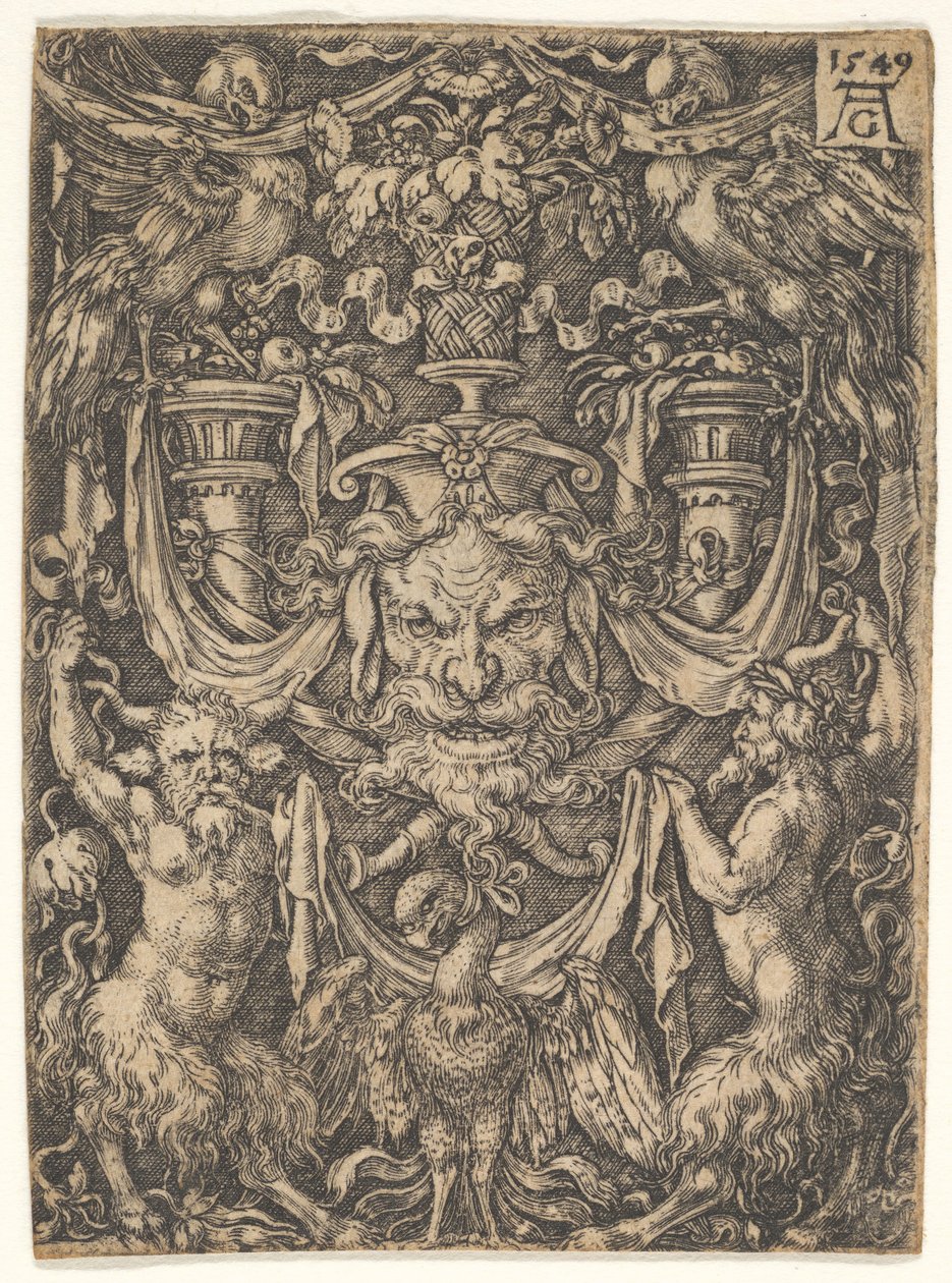Diseño ornamental con una máscara y un águila entre dos faunos abajo de Heinrich Aldegrever