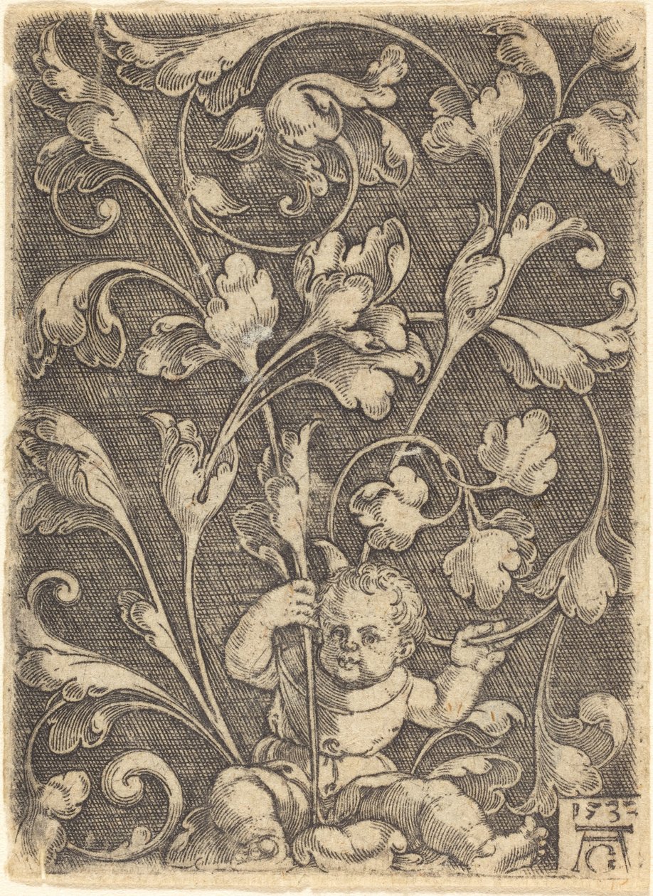 Ornamento de Pergamino con Niño Sentado de Heinrich Aldegrever
