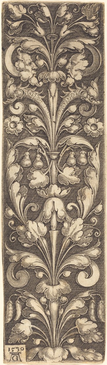 Rama de Follaje Ornamental con Dos Máscaras y Dos Delfines de Heinrich Aldegrever