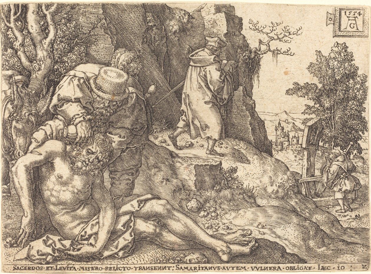 El Buen Samaritano atendiendo al viajero de Heinrich Aldegrever