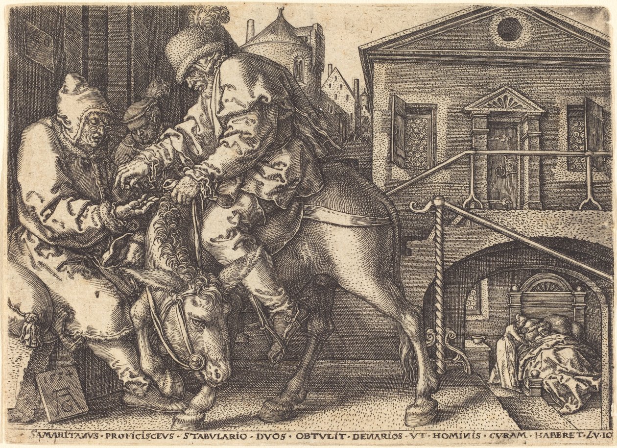 El buen samaritano pagando el alojamiento del viajero de Heinrich Aldegrever