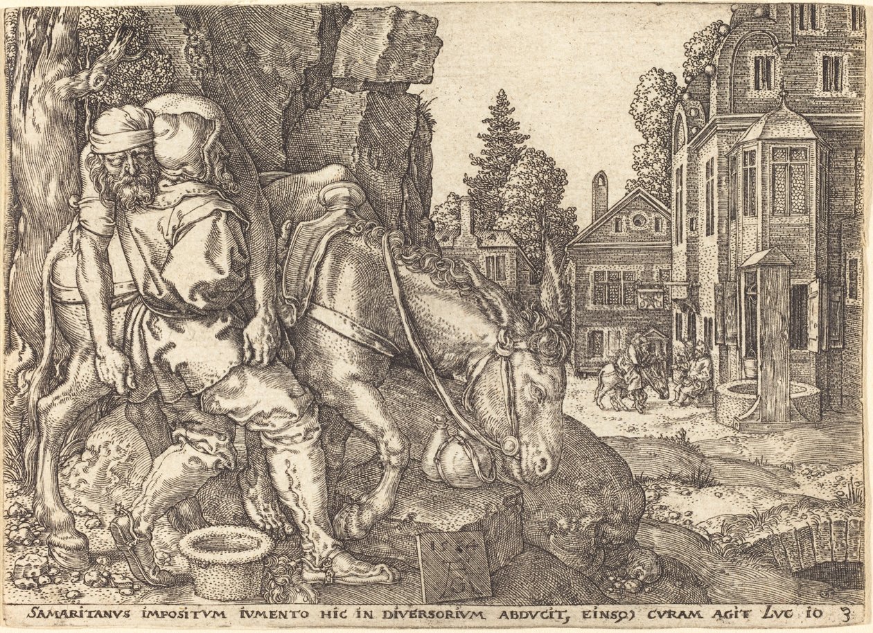 El Buen Samaritano Colocando al Viajero en una Mula de Heinrich Aldegrever