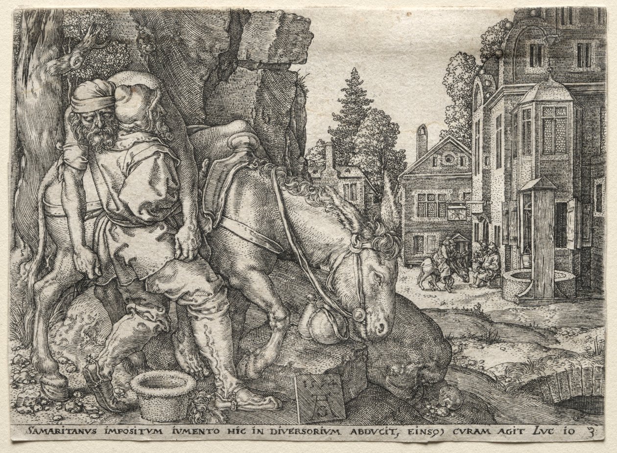 La parábola del buen samaritano: El buen samaritano poniendo al viajero en su burro, 1554 de Heinrich Aldegrever