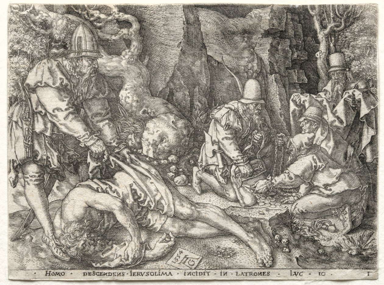 La Parábola del Buen Samaritano: Los Ladrones Atacando a los Viajeros, 1554 de Heinrich Aldegrever