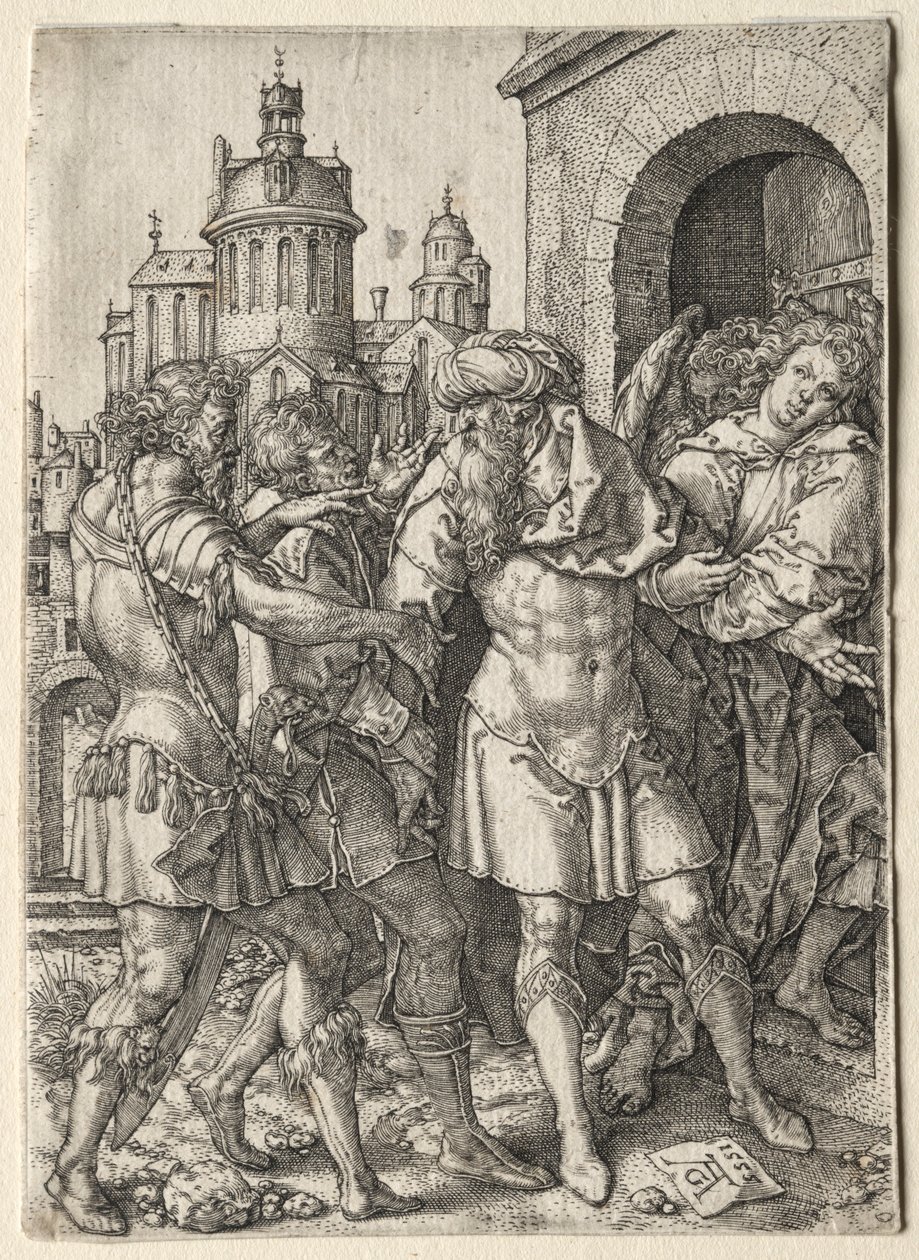 La historia de Lot: Lot previene a los sodomitas de la violencia, 1555 de Heinrich Aldegrever
