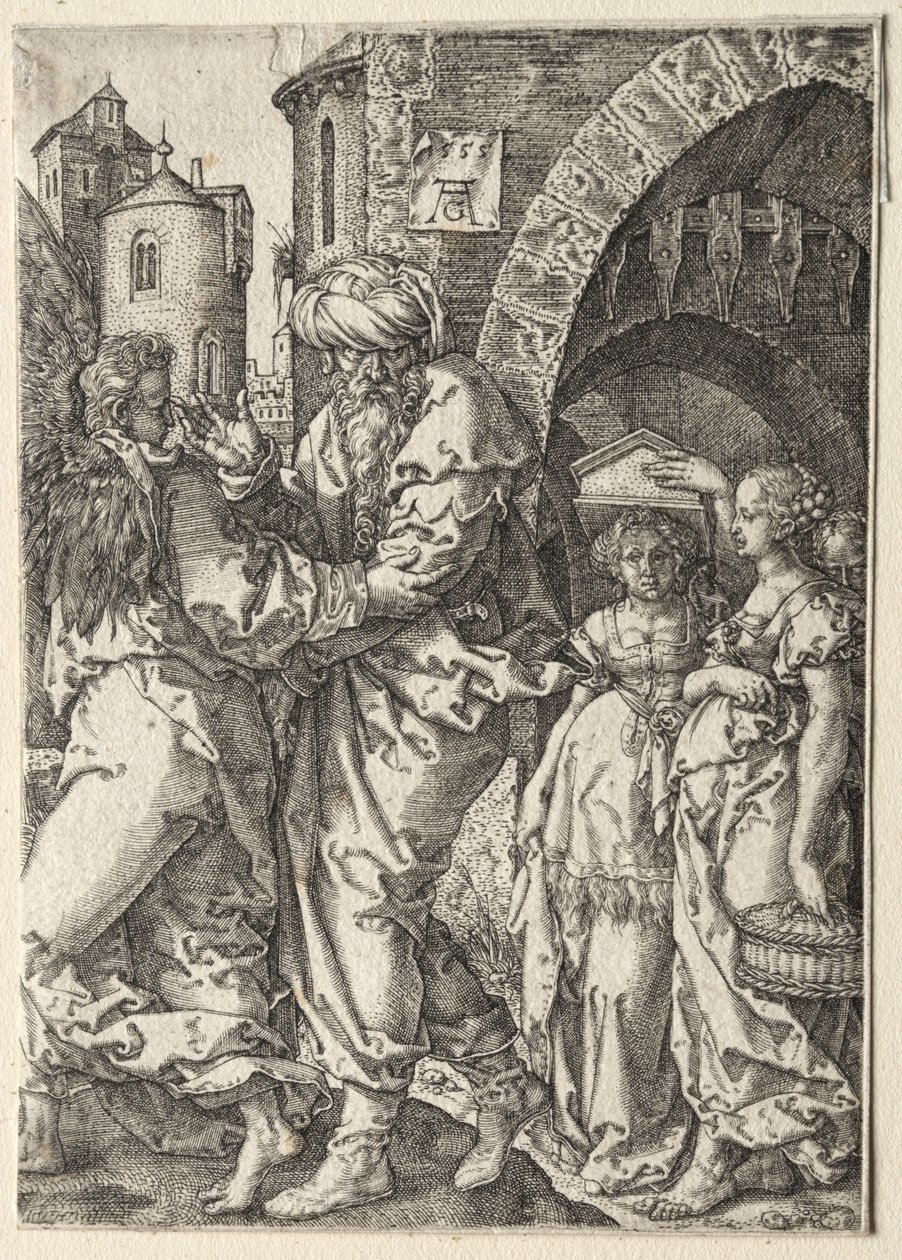 La historia de Lot: Lot y su familia huyendo de Sodoma de Heinrich Aldegrever