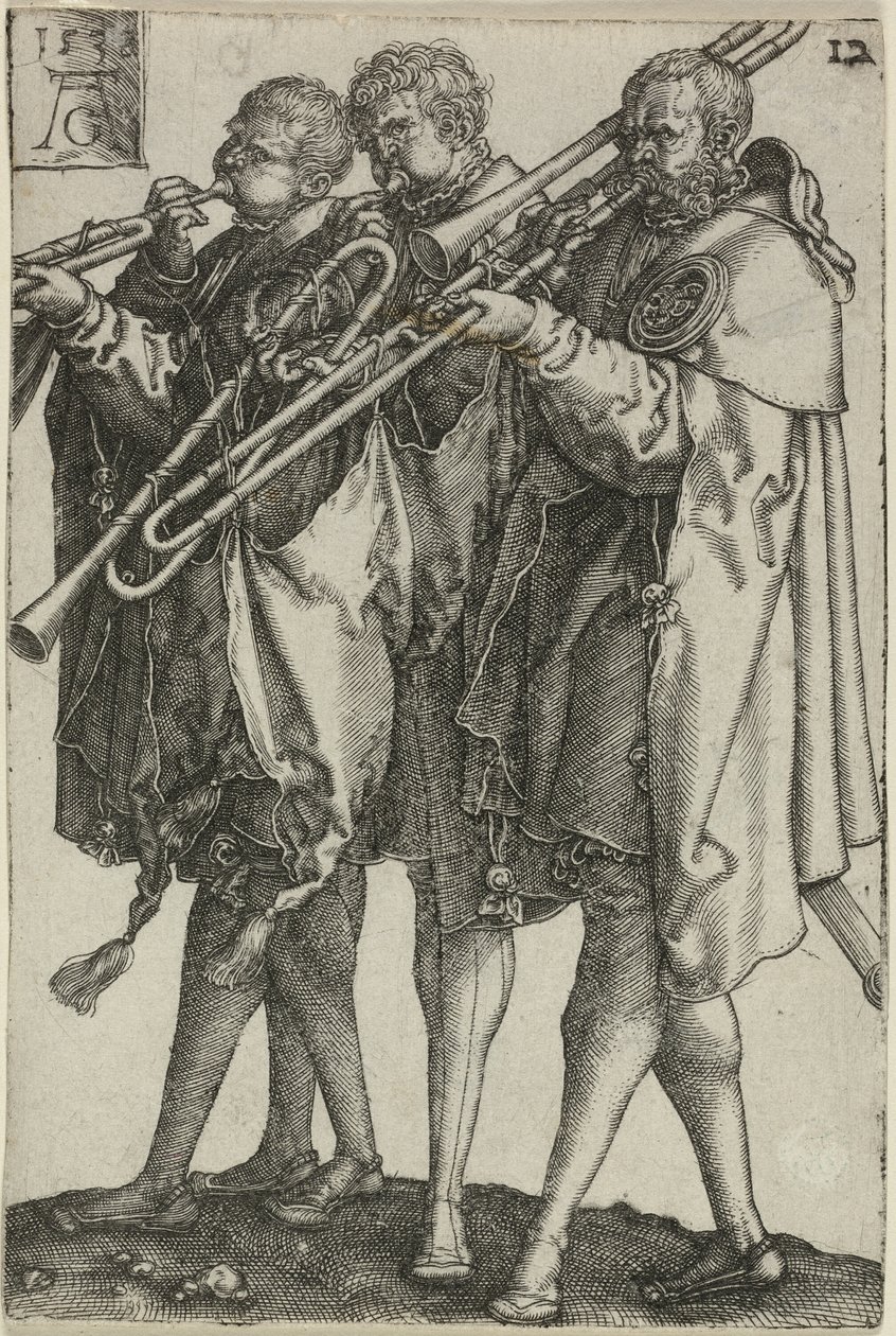 Tres trombonistas, lámina doce de Los grandes bailarines de bodas de Heinrich Aldegrever